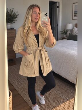 Beige Belted Trench Coat Pleated Pockets Size M - TALIE brand
